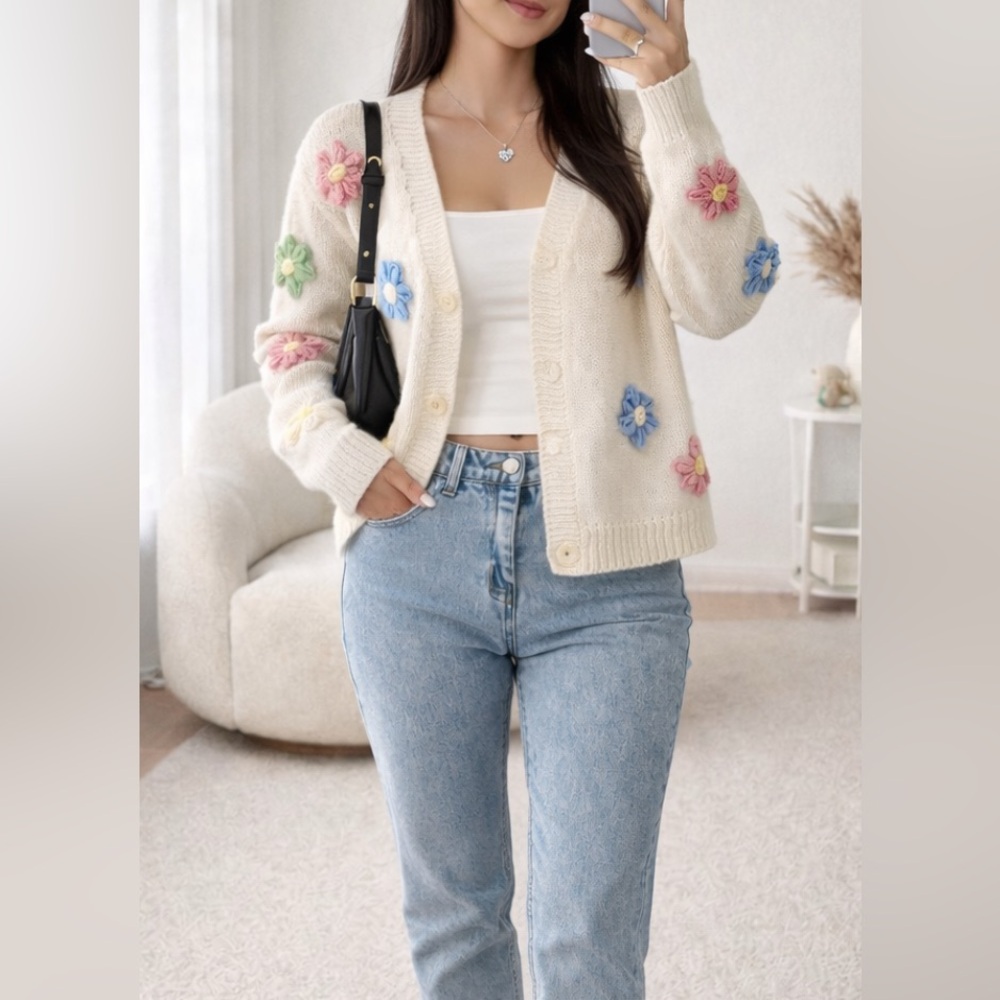 NEW Blossom Knit Cardigan Cream FloralButton-Up SweaterEmbroidered Cardigan - Picture 4 of 8